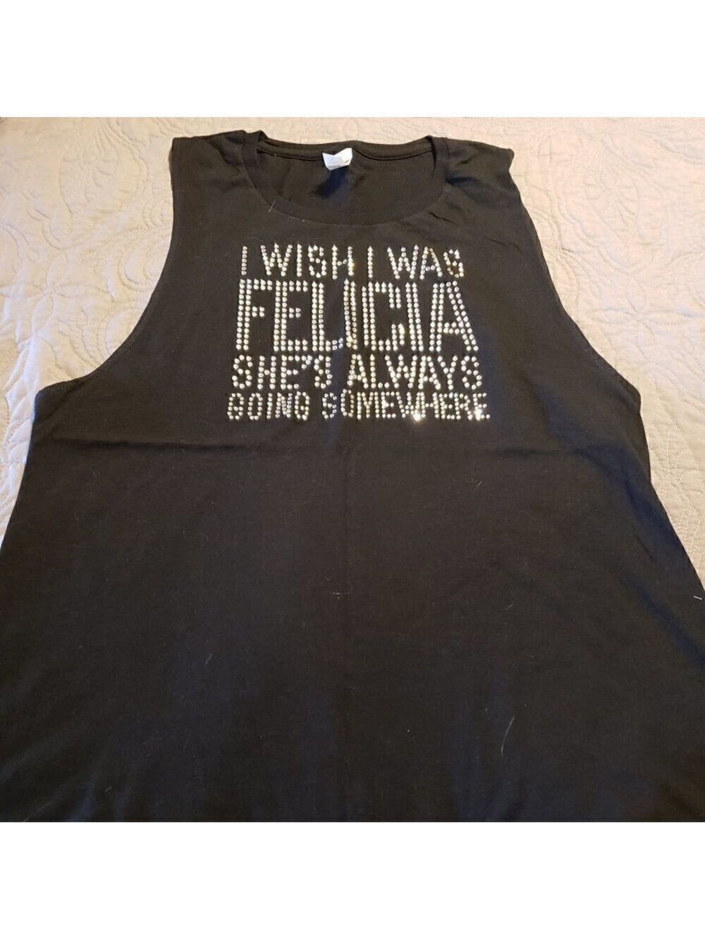 Bling is the New Black custom rhinestone "Felicia goes everywhere" tank top
